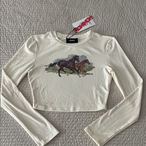 Cider Off-White Long Sleeve Crop Top with Horse Design